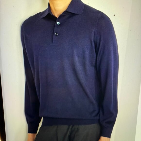 Brunello Cucinelli Mens Virgin Wool/Cashmere Knit Polo Navy Size 48 EU, 1350$RT - Picture 15 of 15